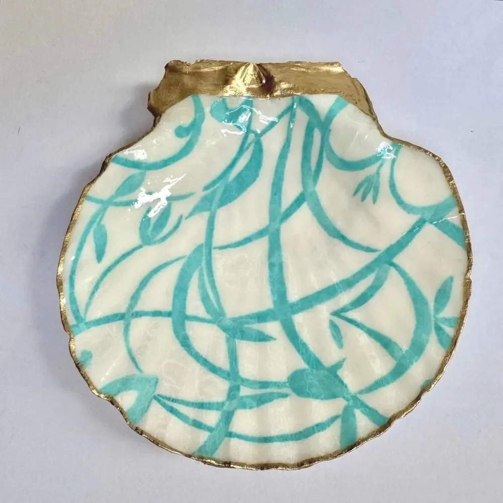 Blue Vine Shell Ring Dish, Handmade Scallop Trinket Dish, Coastal Boho Decor
